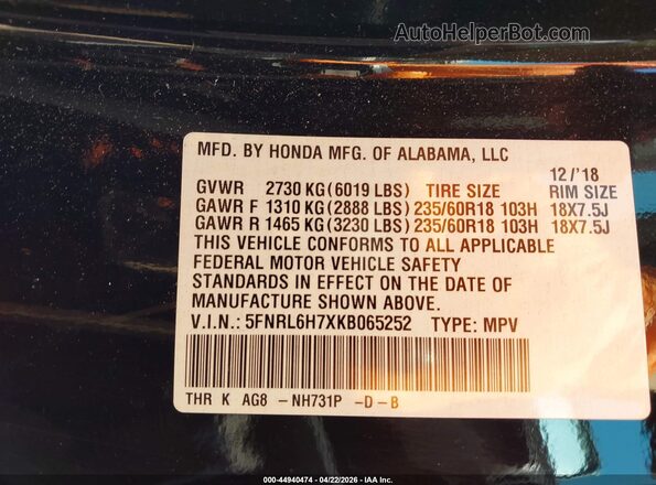 5FNRL6H7XKB065252 2019 HONDA ODYSSEY Black Շարժիչի բաժամունքի տեսք