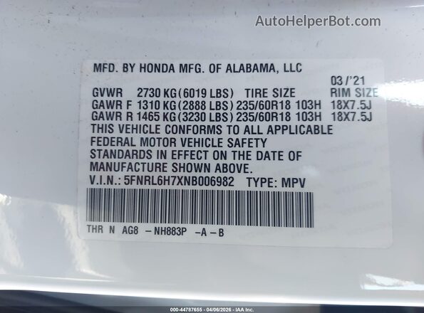 5FNRL6H7XNB006982 2022 HONDA ODYSSEY White Вид підкапотного простору