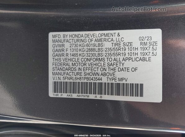 5FNRL6H81PB043544 2023 HONDA ODYSSEY Light Blue Widok komory silnika