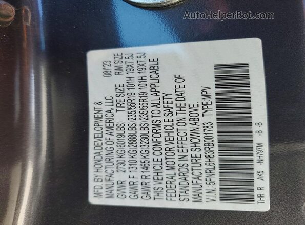 5FNRL6H83RB001783 2024 HONDA ODYSSEY Угольный Вид наклейки с VIN-кодом