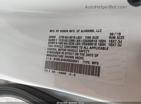 5FNRL6H84KB038041 2019 HONDA ODYSSEY White Շարժիչի բաժամունքի տեսք