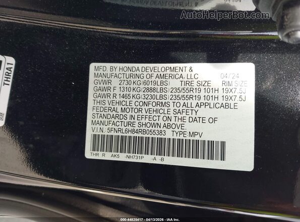 5FNRL6H84RB055383 2024 HONDA ODYSSEY Black ძრავის განყოფილების ხედი