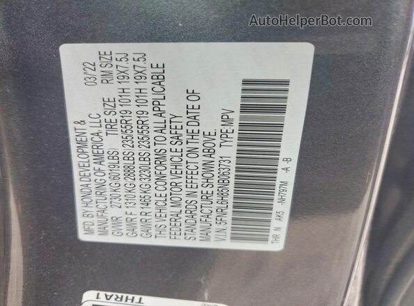 5FNRL6H85NB063731 2022 HONDA ODYSSEY Gray Vista de la etiqueta del VIN