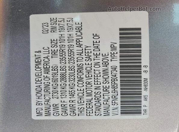 5FNRL6H85PB047340 2023 HONDA ODYSSEY Silver Widok naklejki z numerem VIN
