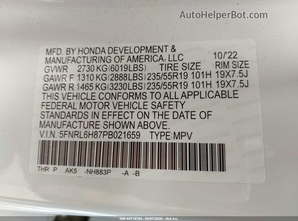 5FNRL6H87PB021659 2023 HONDA ODYSSEY White 