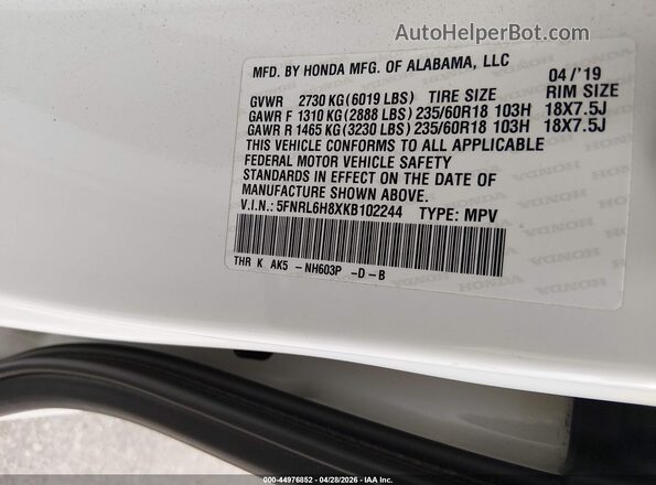 5FNRL6H8XKB102244 2019 HONDA ODYSSEY White Engine compartment view
