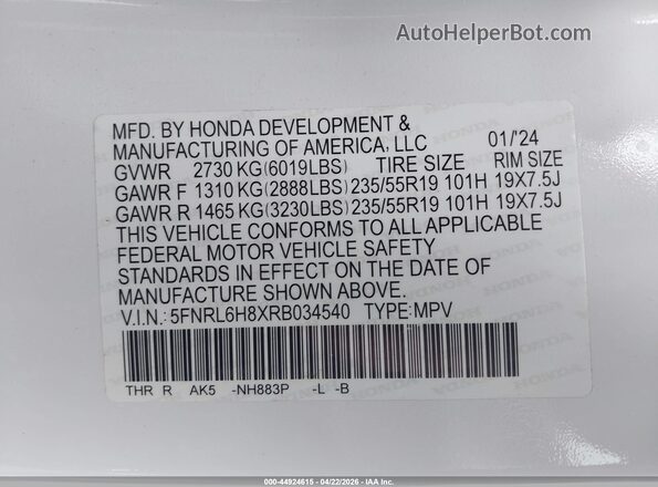 5FNRL6H8XRB034540 2024 HONDA ODYSSEY White Engine compartment view