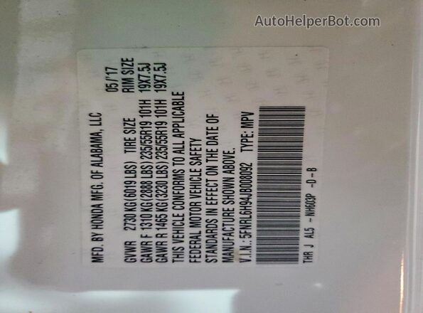 5FNRL6H94JB008092 2018 HONDA ODYSSEY White Vista de la etiqueta del VIN