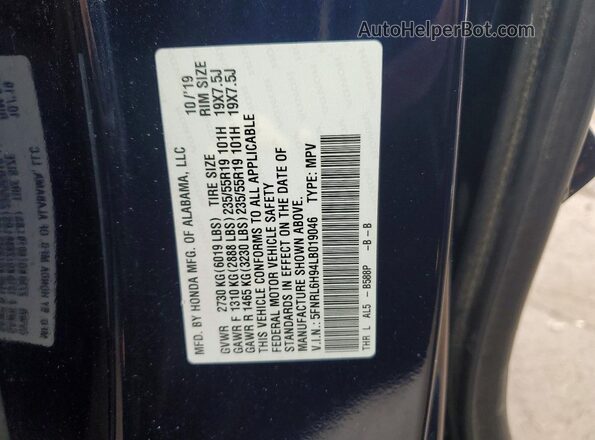 5FNRL6H94LB019046 2020 HONDA ODYSSEY Blue Widok naklejki z numerem VIN
