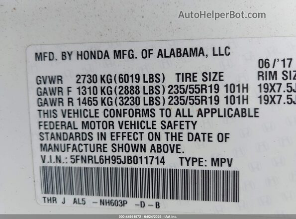 5FNRL6H95JB011714 2018 HONDA ODYSSEY White 