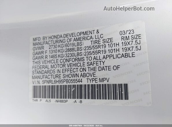 5FNRL6H95PB055544 2023 HONDA ODYSSEY White Շարժիչի բաժամունքի տեսք