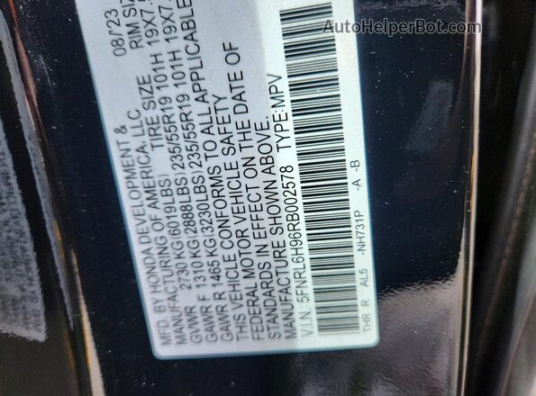 5FNRL6H96RB002578 2024 HONDA ODYSSEY Black Vista interior de 360 grados
