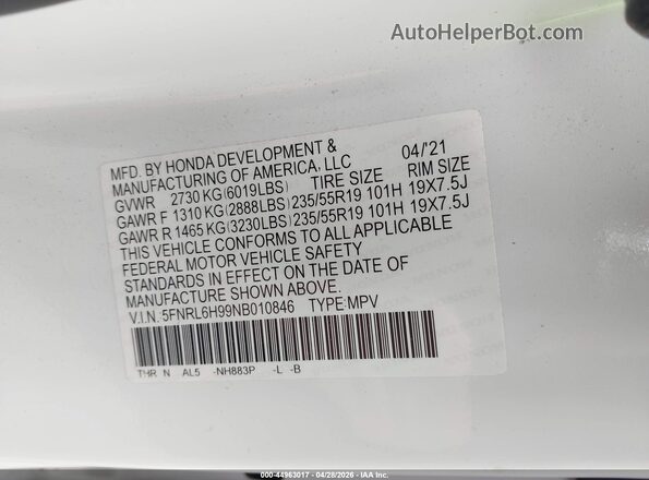 5FNRL6H99NB010846 2022 HONDA ODYSSEY White Engine compartment view