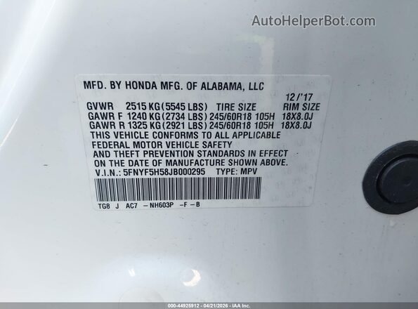 5FNYF5H58JB000295 2018 HONDA PILOT White 