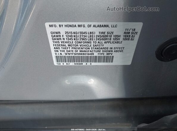 5FNYF5H59KB016409 2019 HONDA PILOT Silver 