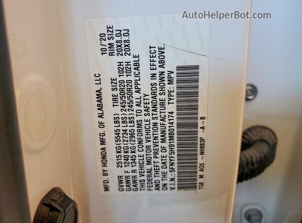 5FNYF5H91MB014174 2021 HONDA PILOT White VIN կոդի պիտակի տեսք