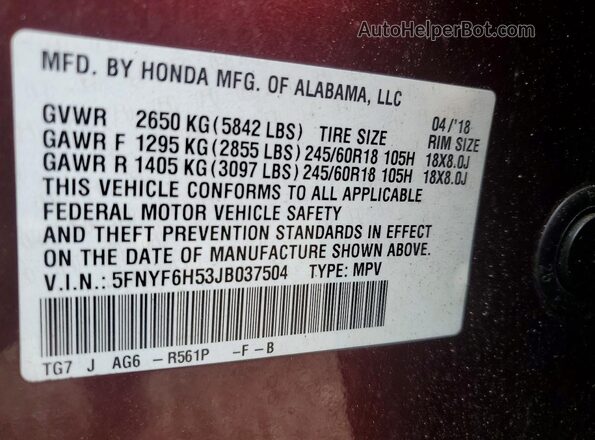 5FNYF6H53JB037504 2018 HONDA PILOT Maroon Widok wnętrza 360 stopni