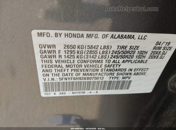5FNYF6H93KB075013 2019 HONDA PILOT Gray 