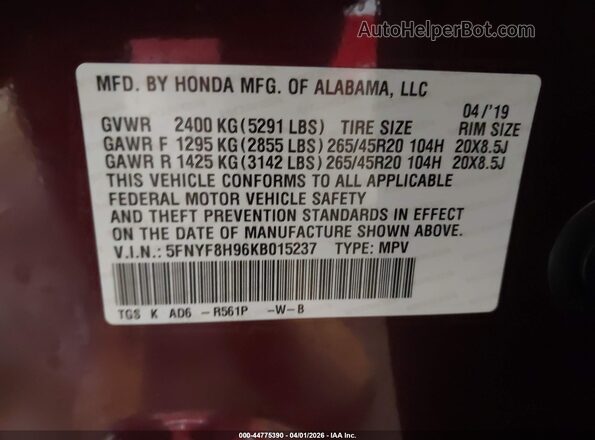 5FNYF8H96KB015237 2019 HONDA PASSPORT Maroon Շարժիչի բաժամունքի տեսք