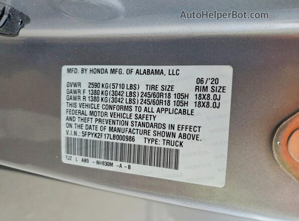 5FPYK2F17LB000986 2020 HONDA RIDGELINE Gray Engine compartment view