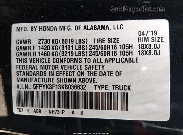 5FPYK3F13KB036632 2019 HONDA RIDGELINE Черный 