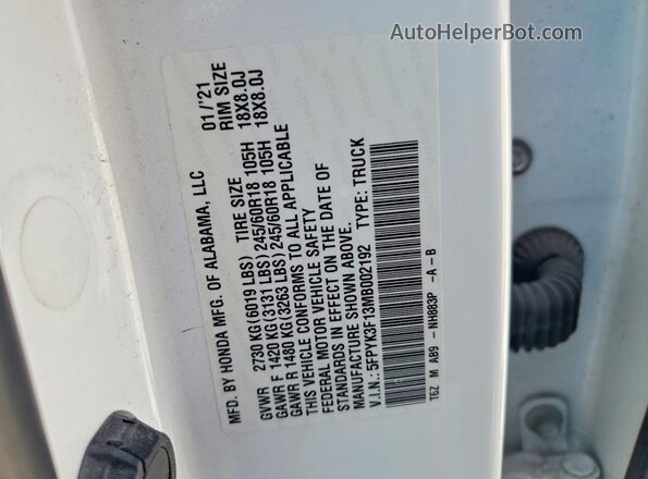 5FPYK3F13MB002192 2021 HONDA RIDGELINE White Вид підкапотного простору