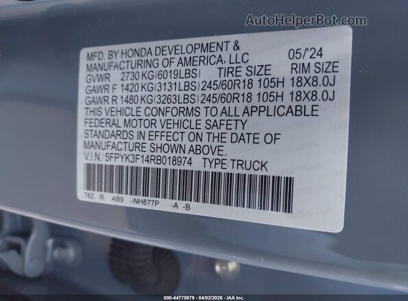 5FPYK3F14RB018974 2024 HONDA RIDGELINE Gray Engine compartment view