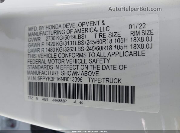 5FPYK3F16NB013396 2022 HONDA RIDGELINE White Widok komory silnika