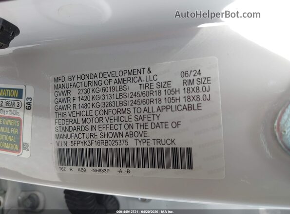 5FPYK3F16RB025375 2024 HONDA RIDGELINE White 