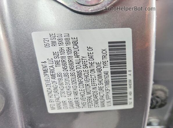5FPYK3F17MB016340 2021 HONDA RIDGELINE Silver VIN კოდის სტიკერის ხედი