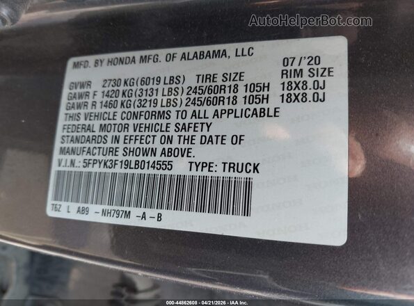 5FPYK3F19LB014555 2020 HONDA RIDGELINE Gray Vista del compartimento del motor