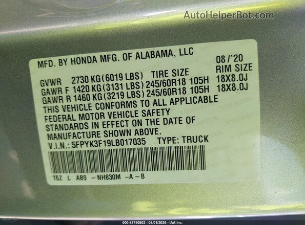 5FPYK3F19LB017035 2020 HONDA RIDGELINE Gray Widok komory silnika