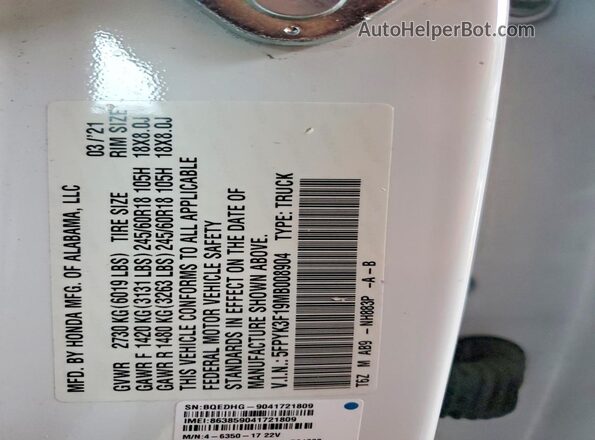 5FPYK3F19MB008904 2021 HONDA RIDGELINE White Widok naklejki z numerem VIN