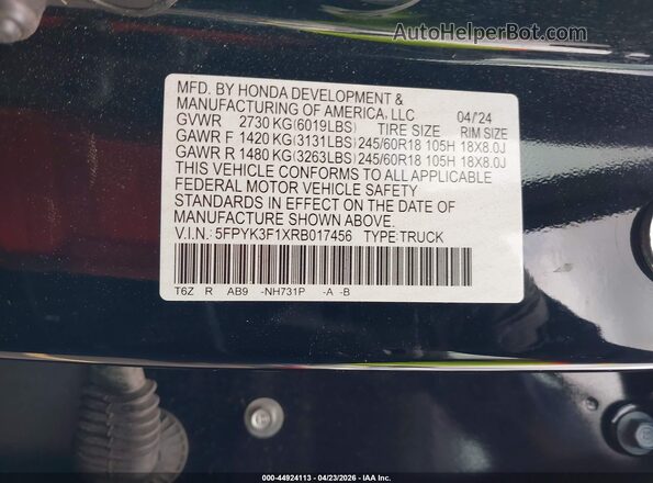 5FPYK3F1XRB017456 2024 HONDA RIDGELINE Black Widok komory silnika