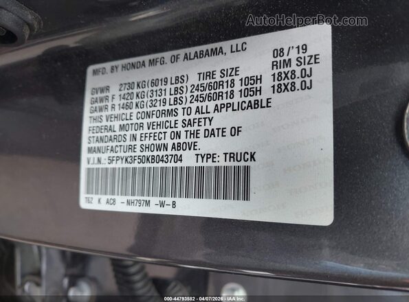 5FPYK3F50KB043704 2019 HONDA RIDGELINE Серый Вид подкапотного пространства