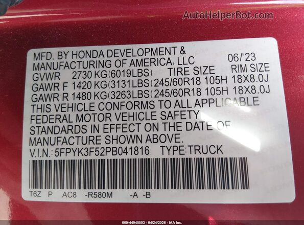 5FPYK3F52PB041816 2023 HONDA RIDGELINE Red Vista del compartimento del motor