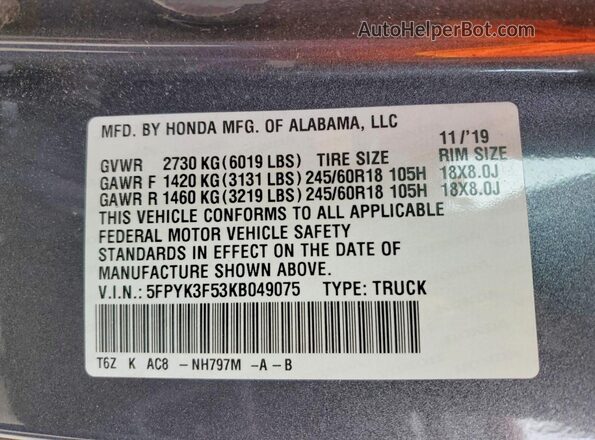 5FPYK3F53KB049075 2019 HONDA RIDGELINE Gray ძრავის განყოფილების ხედი