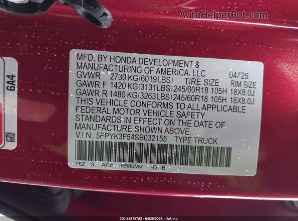 5FPYK3F54SB032155 2025 HONDA RIDGELINE Red Շարժիչի բաժամունքի տեսք