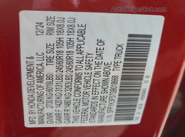 5FPYK3F57SB018668 2025 HONDA RIDGELINE Red 