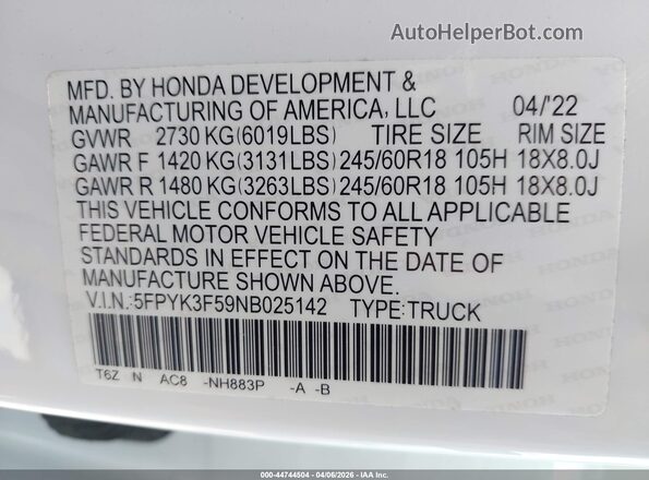 5FPYK3F59NB025142 2022 HONDA RIDGELINE Белый Вид подкапотного пространства