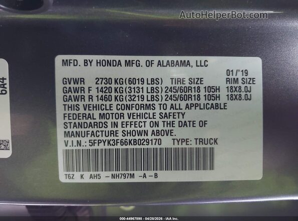 5FPYK3F66KB029170 2019 HONDA RIDGELINE Gray 