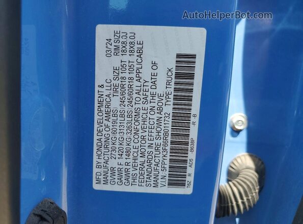 5FPYK3F66RB011732 2024 HONDA RIDGELINE Blue Vista del compartimento del motor