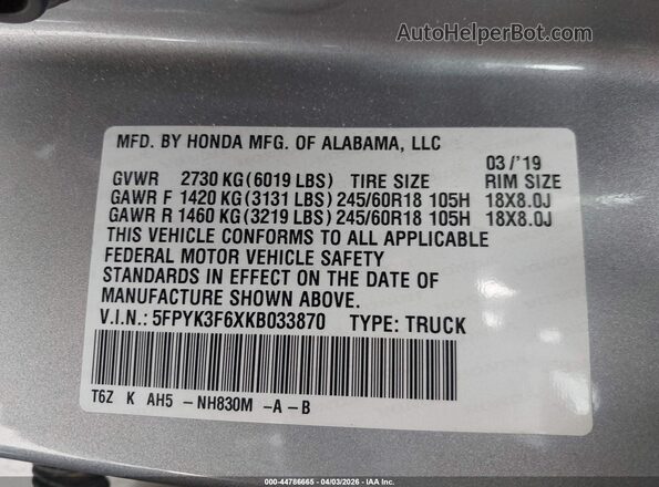 5FPYK3F6XKB033870 2019 HONDA RIDGELINE Silver Engine compartment view