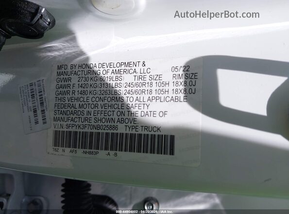 5FPYK3F70NB025886 2022 HONDA RIDGELINE White Widok komory silnika