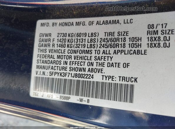 5FPYK3F71JB002224 2018 HONDA RIDGELINE Blue Widok komory silnika