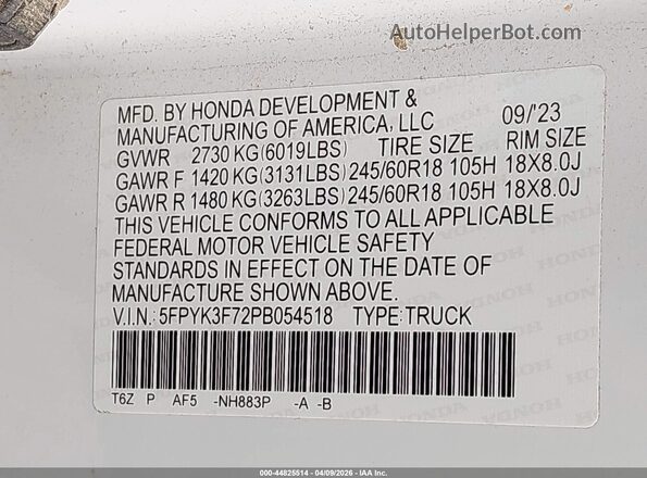 5FPYK3F72PB054518 2023 HONDA RIDGELINE White ძრავის განყოფილების ხედი