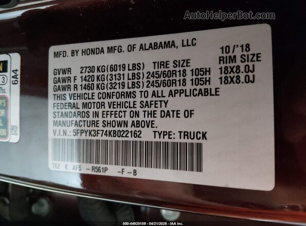 5FPYK3F74KB022162 2019 HONDA RIDGELINE Red ძრავის განყოფილების ხედი