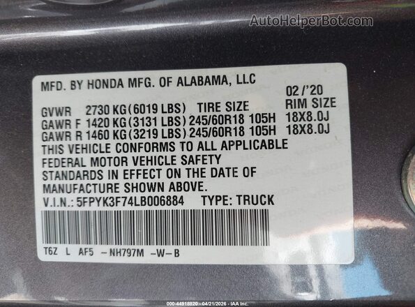 5FPYK3F74LB006884 2020 HONDA RIDGELINE Серый Вид подкапотного пространства