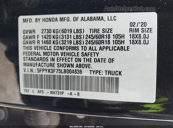 5FPYK3F75LB004836 2020 HONDA RIDGELINE Black Շարժիչի բաժամունքի տեսք