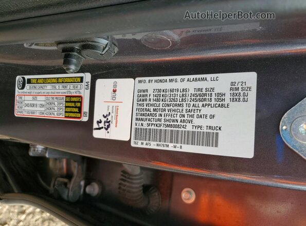 5FPYK3F75MB008242 2021 HONDA RIDGELINE Charcoal Շարժիչի բաժամունքի տեսք